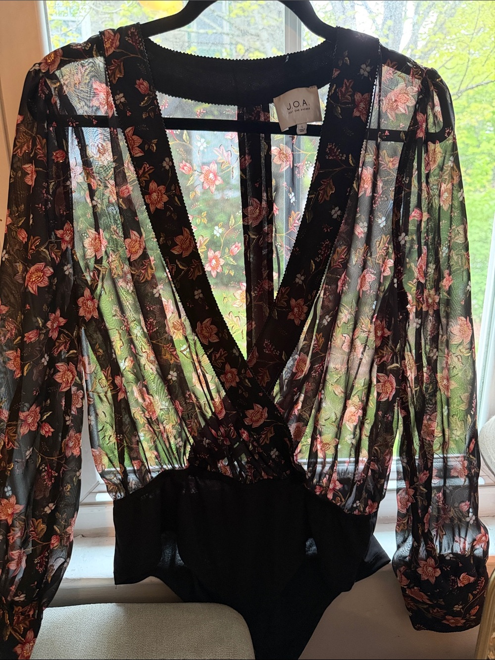 JOA Black Sheer Floral Wrap Bodysuit with Pink And Gold Detail